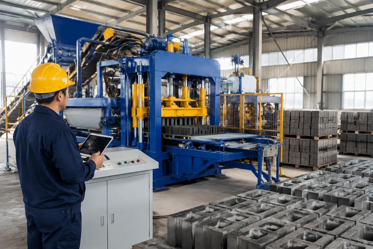 Factory floor with block machine showing uptime monitoring