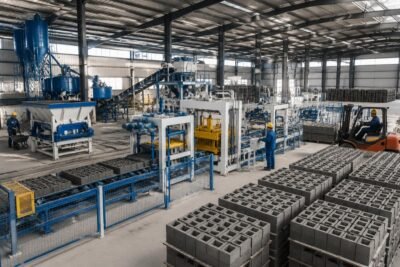 Complete 10,000-blocks-per-day production line layout showing batching, mixing, block making, pallet handling, and curing areas