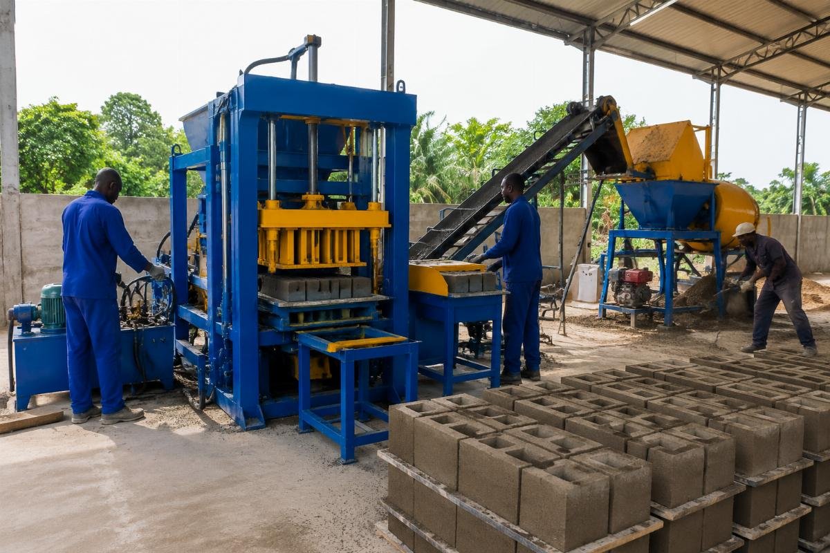 affordable brick making machine for Africa semi-automatic setup Semi-automatic QTJ4-26 block making machine installed at a West African factory site