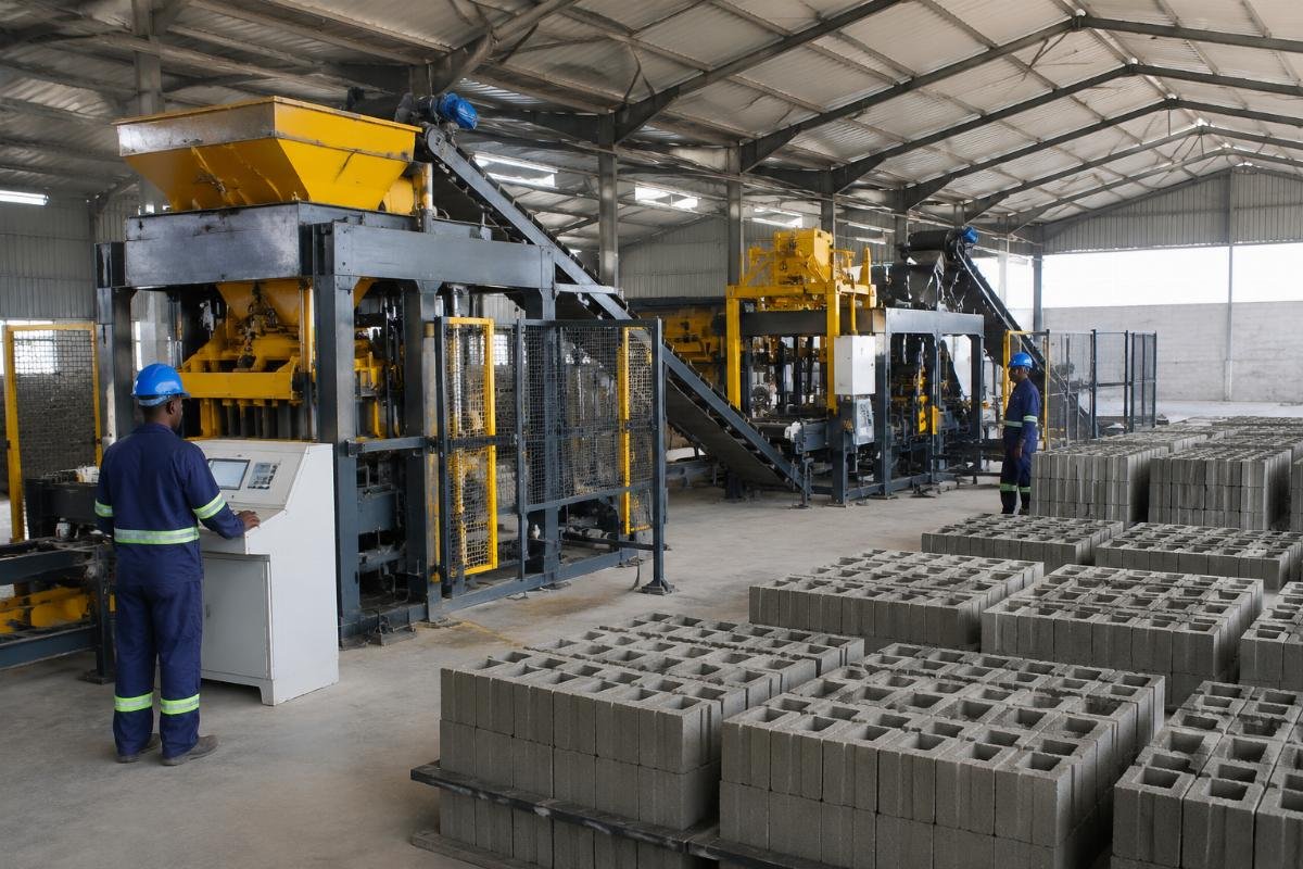Automated PLC block machine reducing labor costs in African production facility Block production site in emerging market showing automated line with reduced workforce