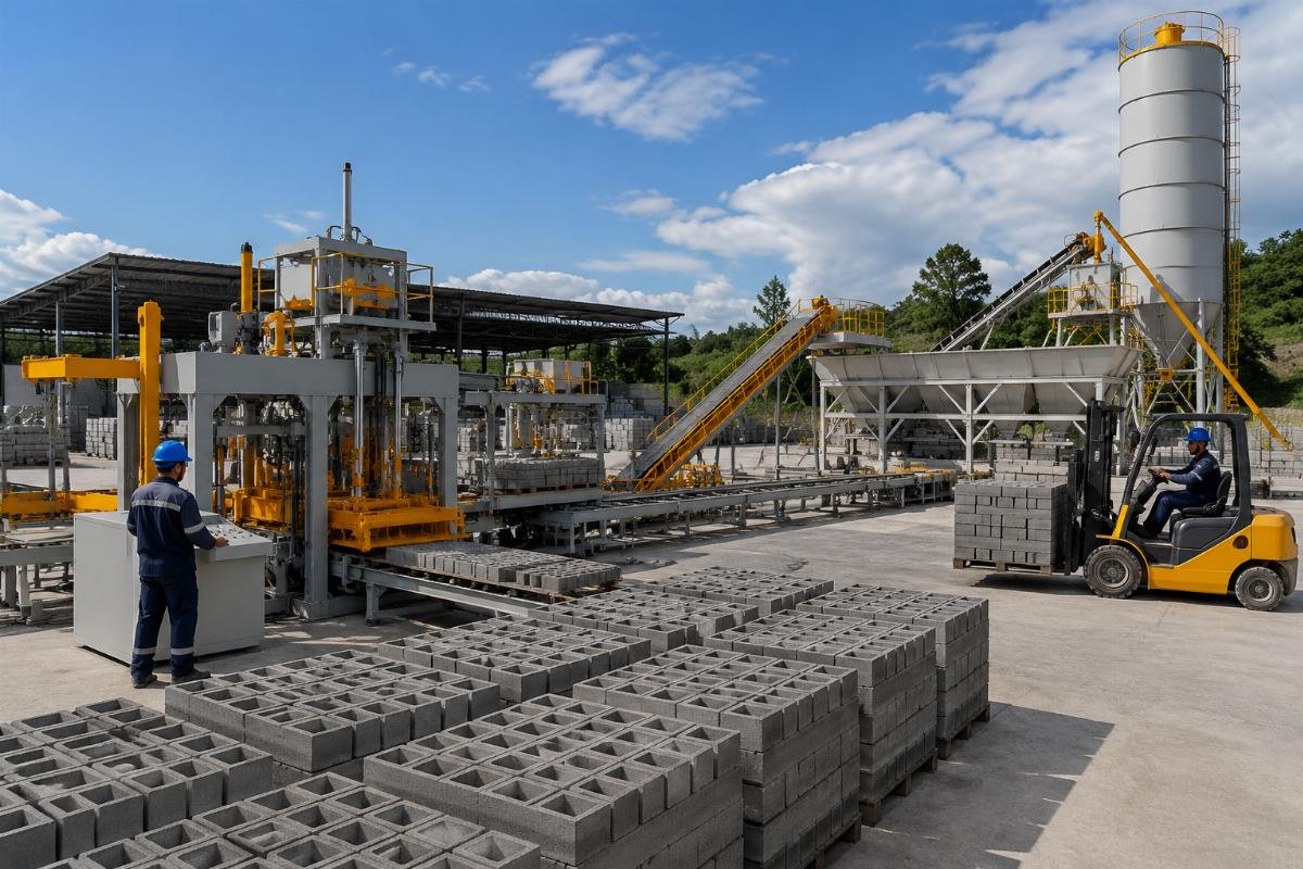 automatic block machine supplier China full production line solution Full turnkey block making production line with batching plant, silo, and stacker at a Latin American distribution facility