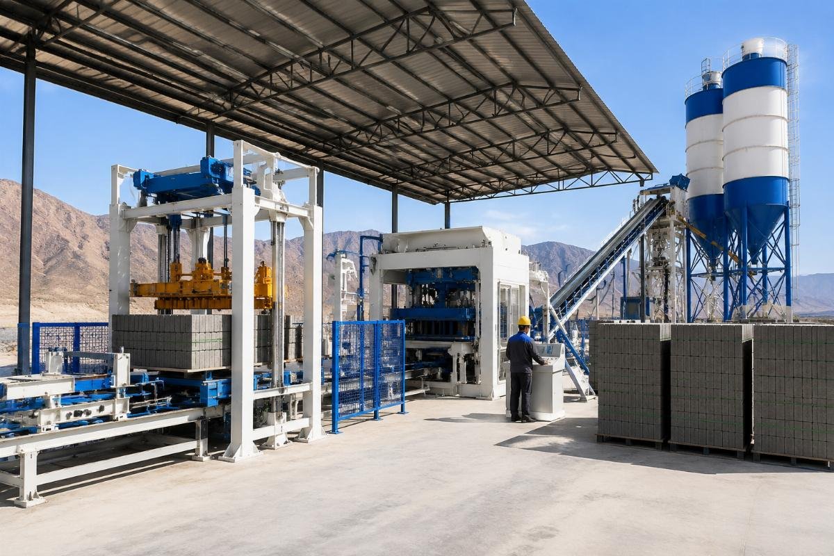 automatic block machine supplier China turnkey solution Central Asia Fully automatic block making production line with stacker and cement silo at a Central Asian facility