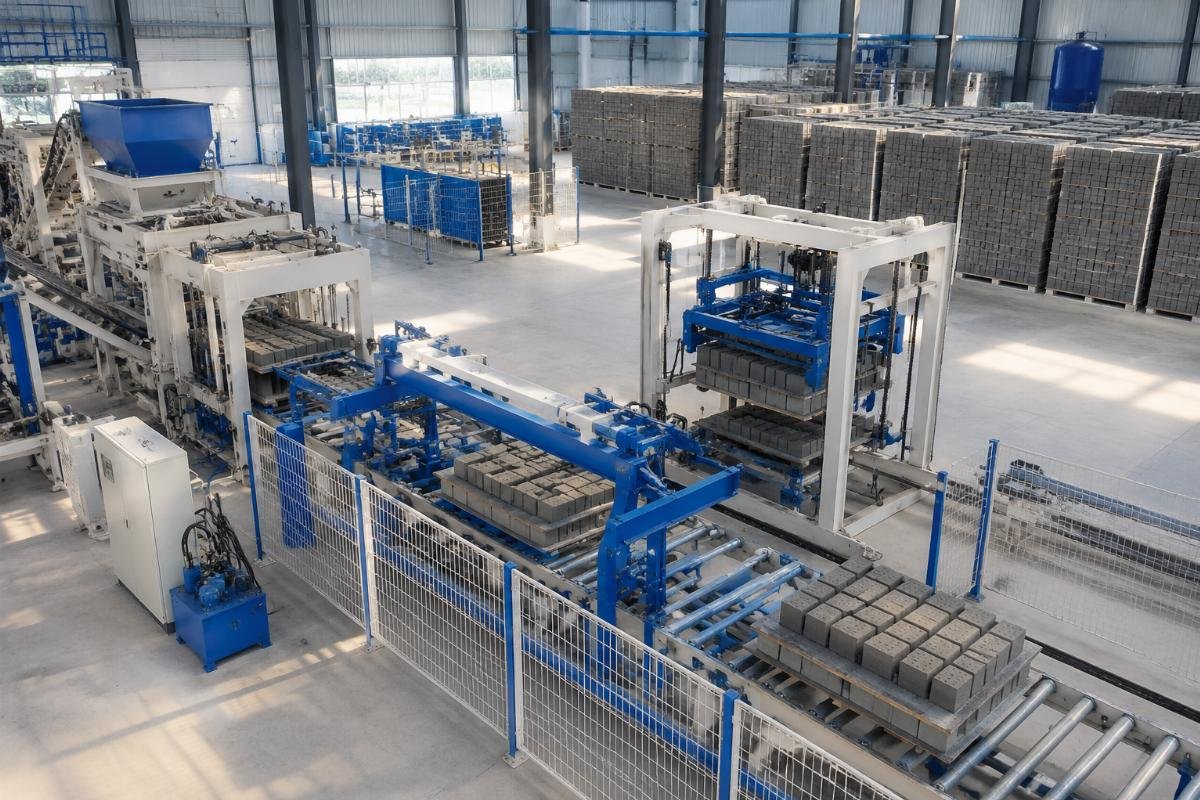 automatic block making machine footprint reduction through automation Fully automatic block production line layout with pallet loader, stacker, and curing yard