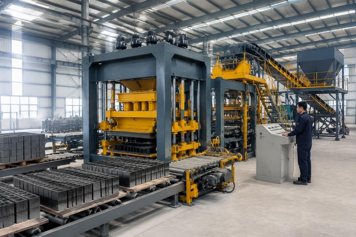 Shandong Shiyue factory floor showing European-style block machine with 4-motor vibration system and airbag suspension