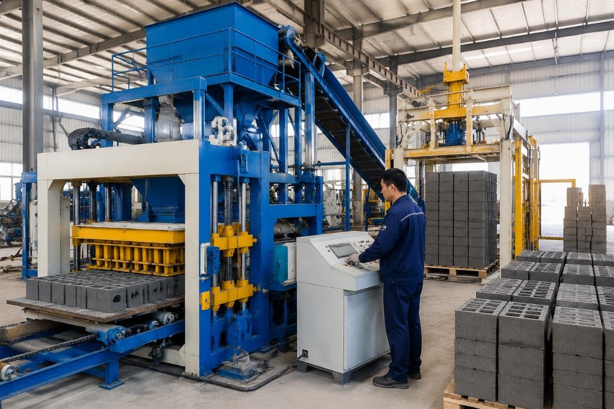 automatic block production machine reducing labor costs Automatic block production machine line with batching system, block forming machine, and pallet stacker