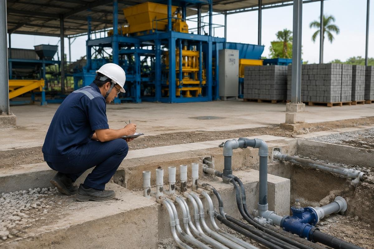 block factory site preparation checklist pre-arrival inspection Engineer inspecting block plant foundation and utility connections before machine installation