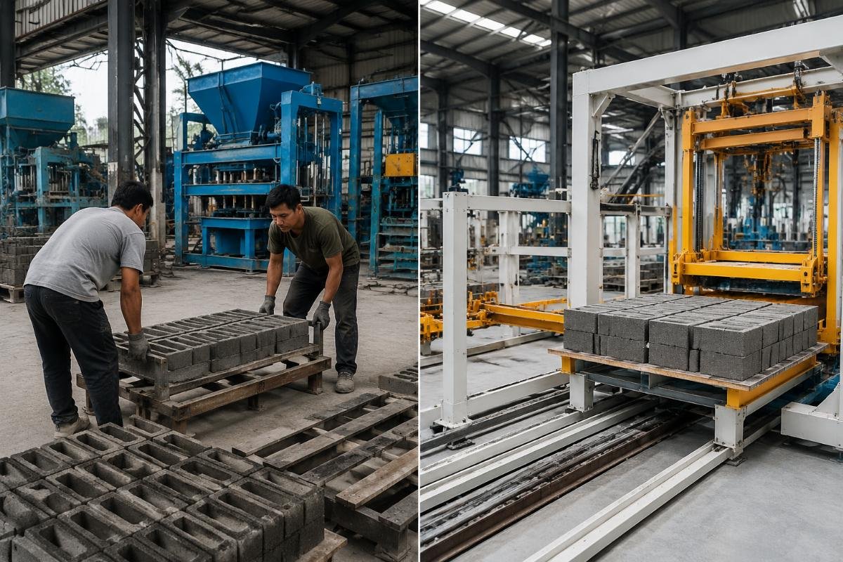 Comparison of manual pallet handling versus automatic pallet loader system in a block factory