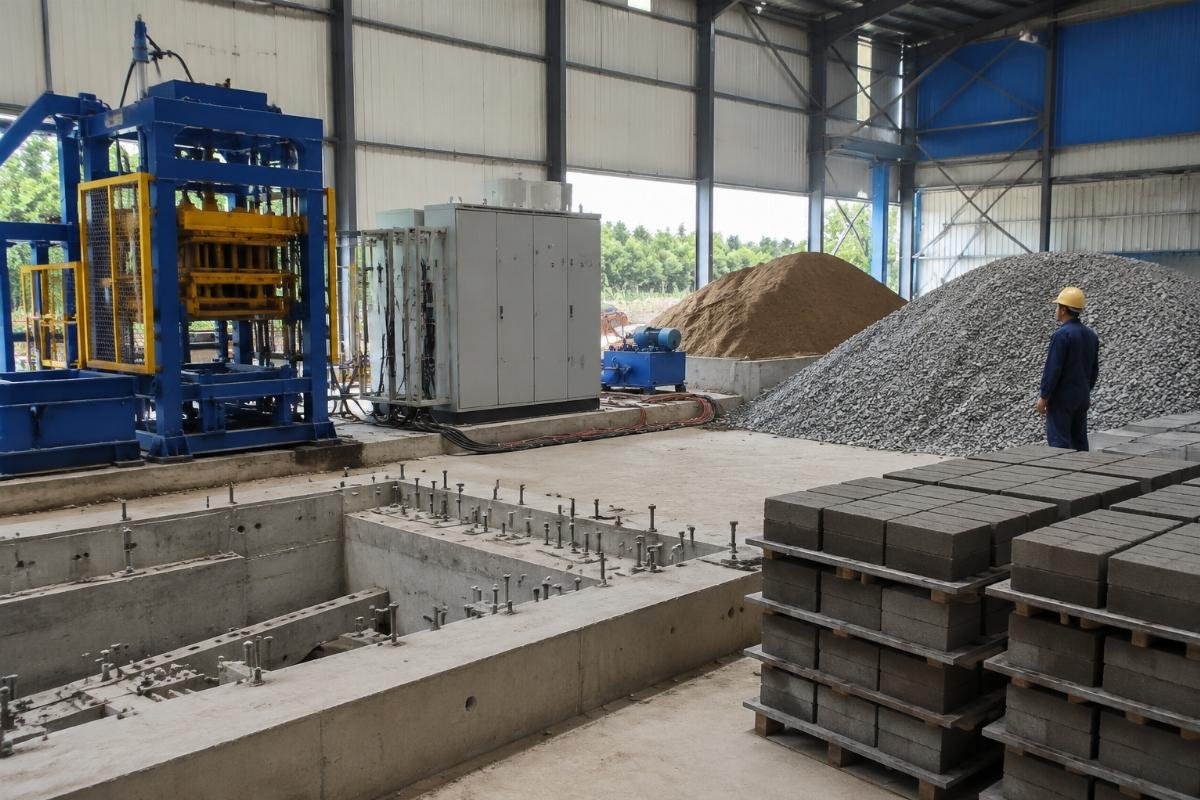 Pre-commissioning checklist showing foundation, power supply, and raw material staging areas