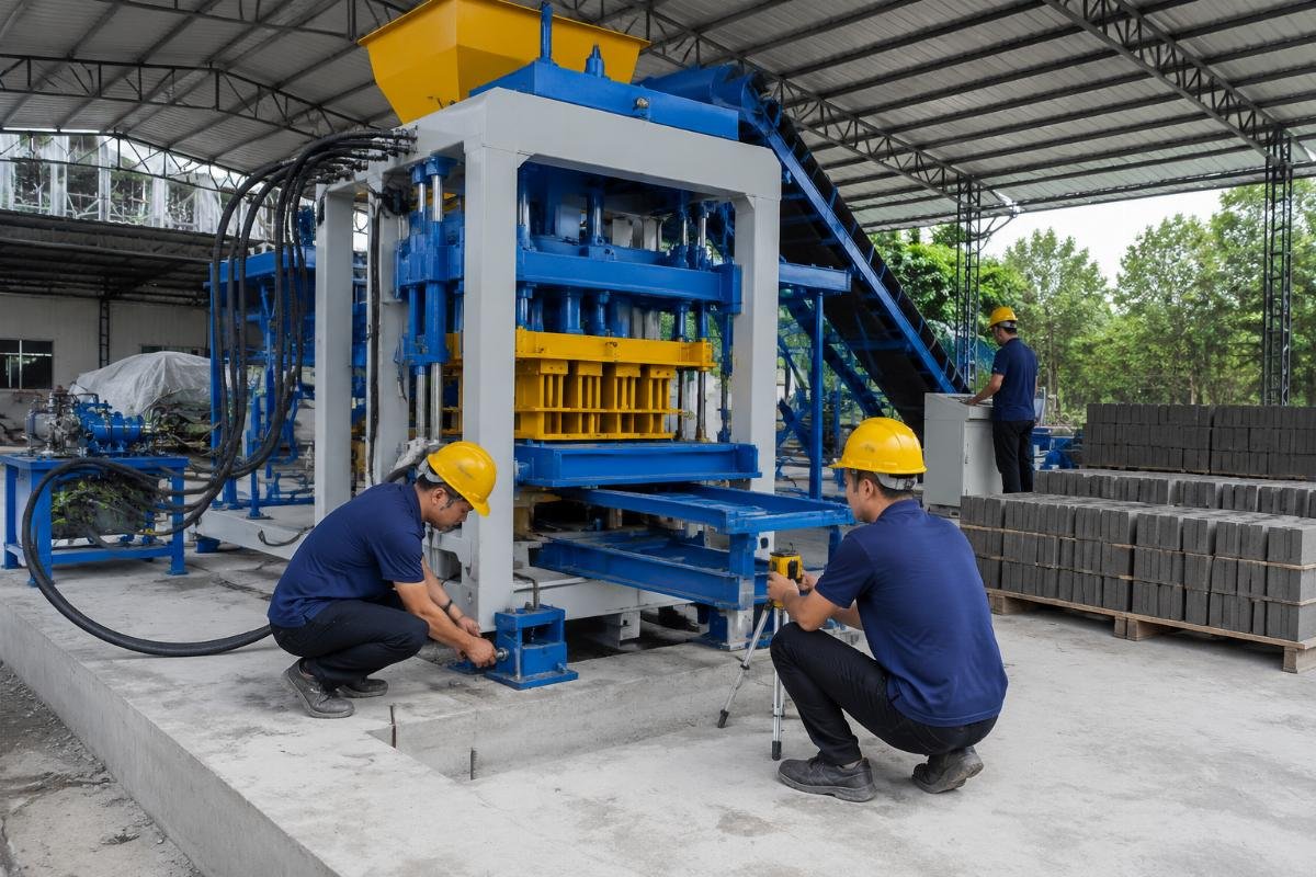 Concrete block machine installed on a prepared foundation with engineers performing calibration checks