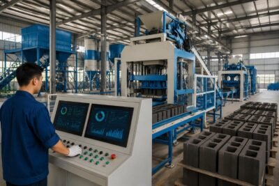 Concrete block production line with energy monitoring dashboard showing per-block power consumption
