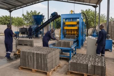 Concrete block production line with semi-automatic machine operating in a developing market