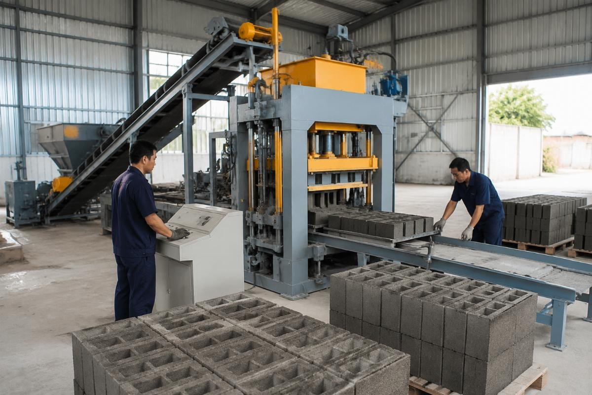 block machine ROI calculation semi-automatic production Semi-automatic block machine producing standard concrete blocks with workers