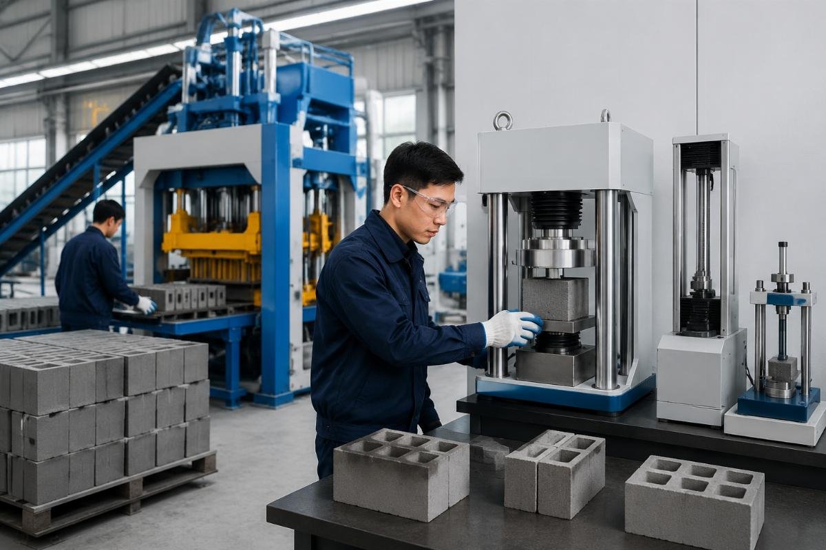 Block density testing and compressive strength measurement in a quality control laboratory