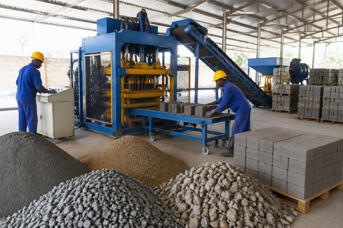 block making business profit margin Africa material cost structure Cost breakdown pie chart showing cement 10% stone dust 35% quarry waste 30% labor 15% overhead 10%