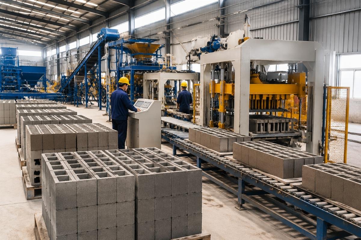 block making business profitability ROI analysis Concrete block making machine production line in a factory setting