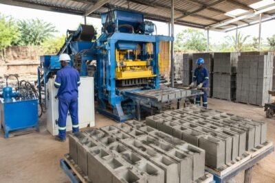 Block making machine installed at a production site in West Africa with stacked concrete blocks