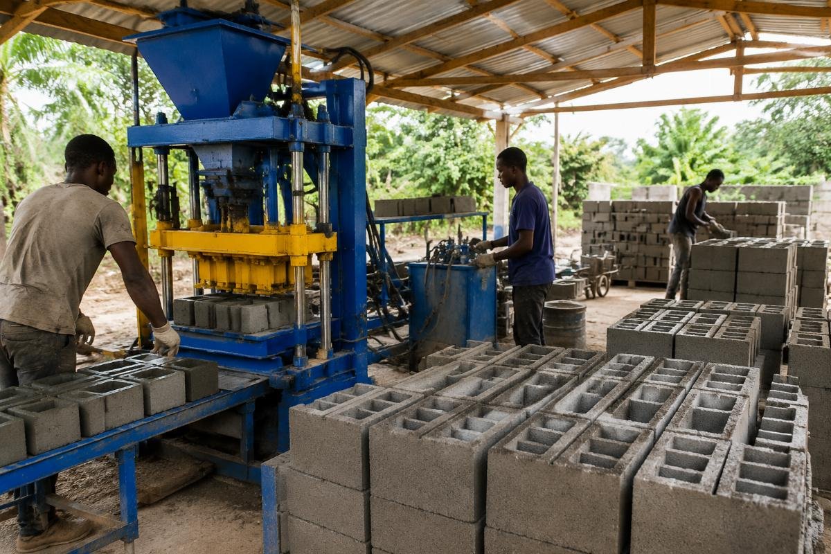 block making business revenue potential small investor ROI Africa Small-scale block making production site in West Africa with semi-automatic machine and stacked blocks