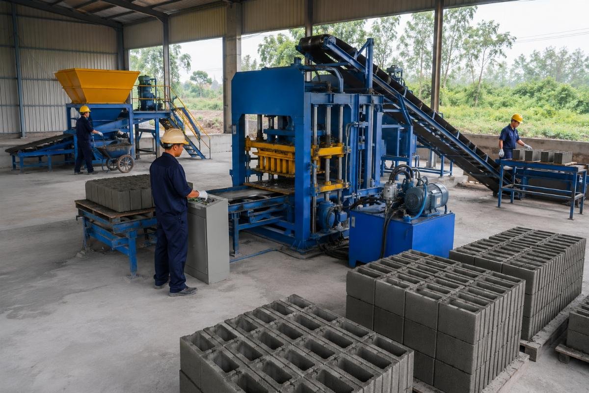 block making factory cost breakdown and layout planning Block making factory layout with semi-automatic production line on a compact site