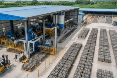 Factory layout overhead view showing machine zone, curing yard, raw material bay, and finished product staging area
