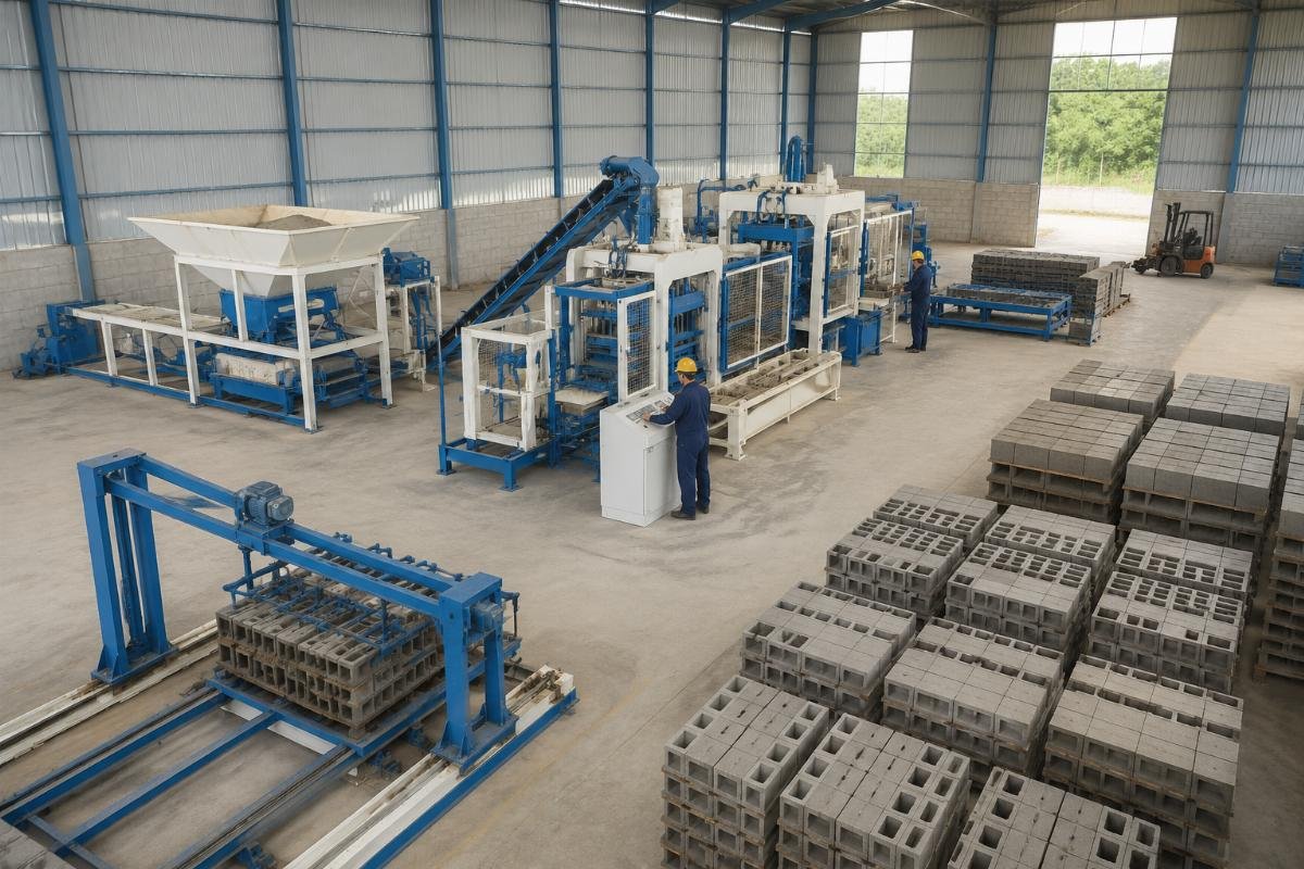 block making machine factory layout for small startup 800 sqm Semi-automatic block factory layout with labeled zones on 800 sqm plot