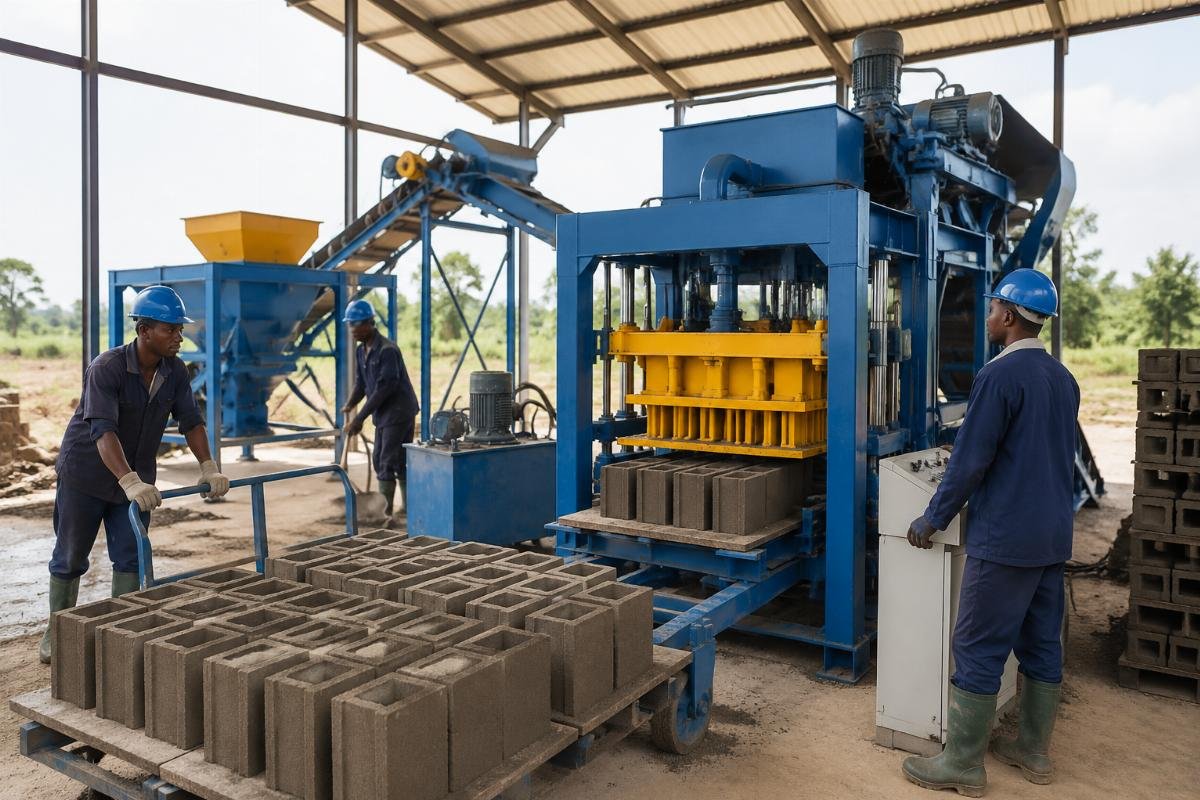 Semi-automatic block making machine installed in a West African factory