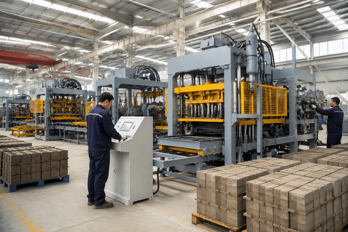 block making machine manufacturer China European design airbag system Shandong Shiyue Intelligent Machinery factory floor showing six specialized workshops and European-style block making machine assembly