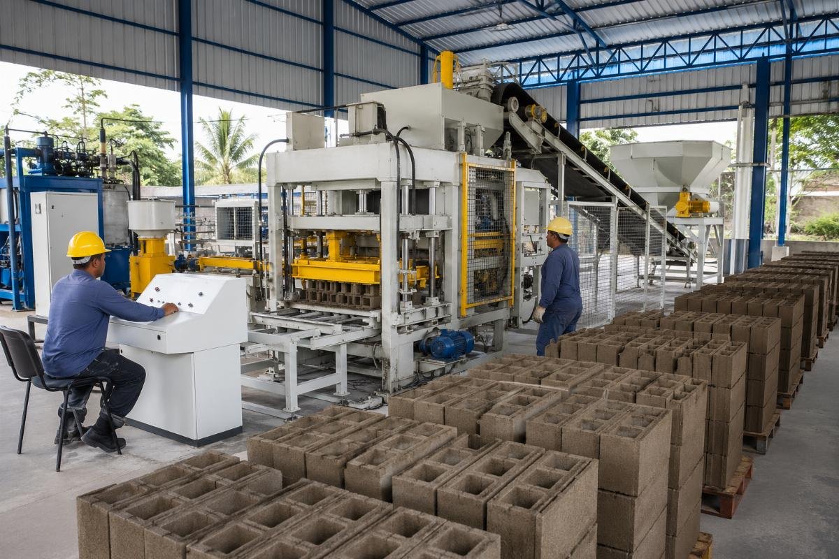 block making machine power consumption comparison European vs conventional design Fully automatic QT10-15 block production line with European-style vibration system in a Latin American factory