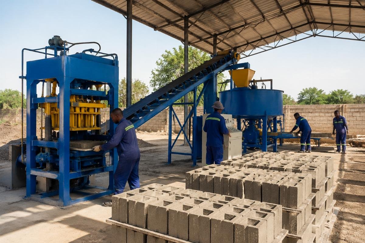 block making machine ROI Africa semi-automatic configuration Semi-automatic block making line with pan mixer and conveyor system at a Nigerian production facility