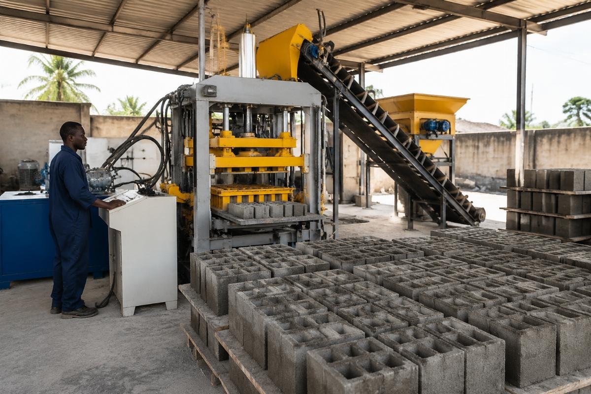 block making machine ROI Nigeria startup Semi-automatic block making machine installed at a Lagos startup producing 4,000 hollow blocks per day