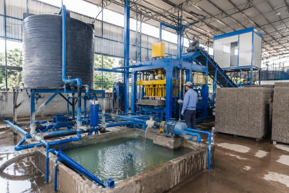 block making plant water supply recirculation system Water storage tanks and recirculation system at a concrete block factory