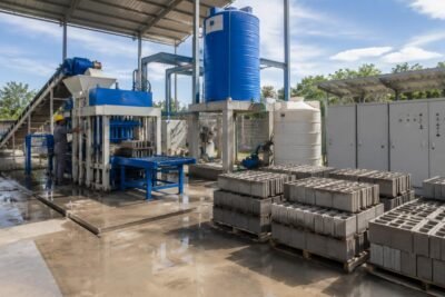 Concrete block plant site with visible water tanks, electrical panels, and hardened floor area