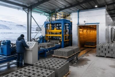 Block production line operating in sub-zero climate with enclosed curing chamber