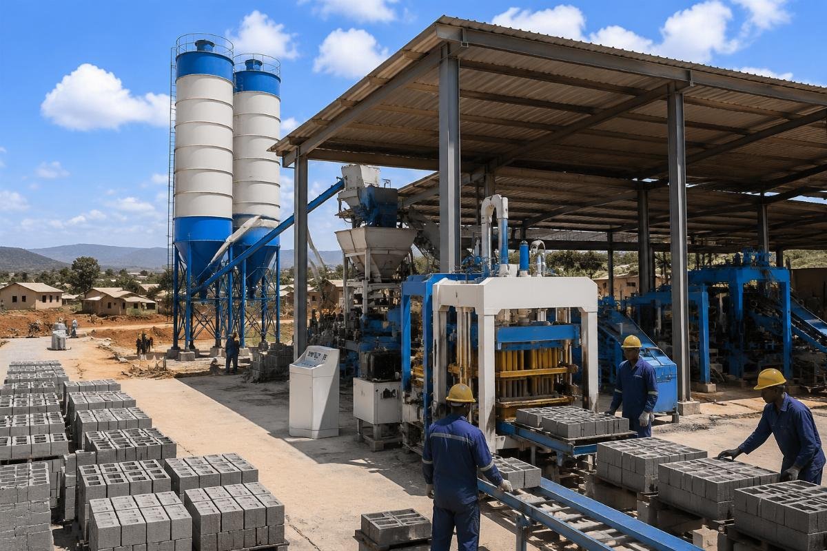 break-even calculation ROI concrete block production investment Turnkey concrete block production line with cement silo and batching plant at a Tanzanian housing project site