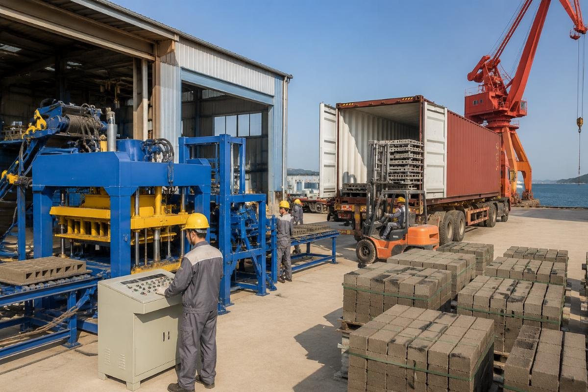 China block machine investment return logistics and shipping Block machine factory near port with shipping containers being loaded