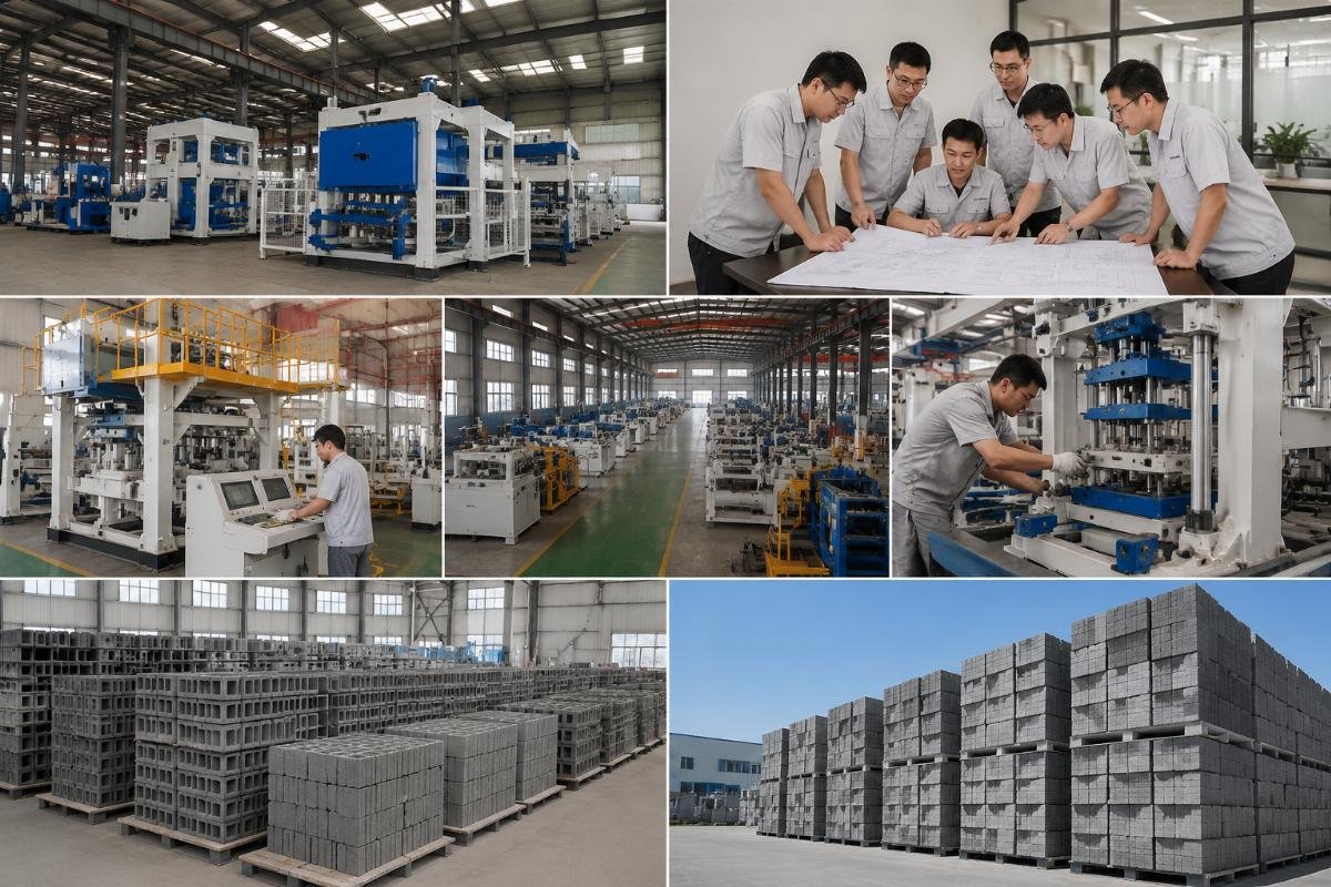 Factory overview showing six specialized workshops and engineering team at block machine manufacturer