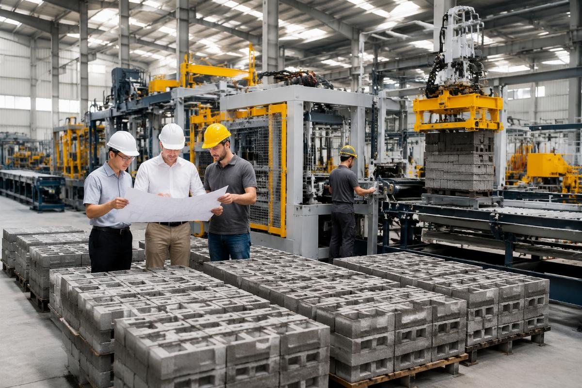 China block machine supplier infrastructure support engineering team Modern block machine manufacturing facility with engineering team and exported equipment