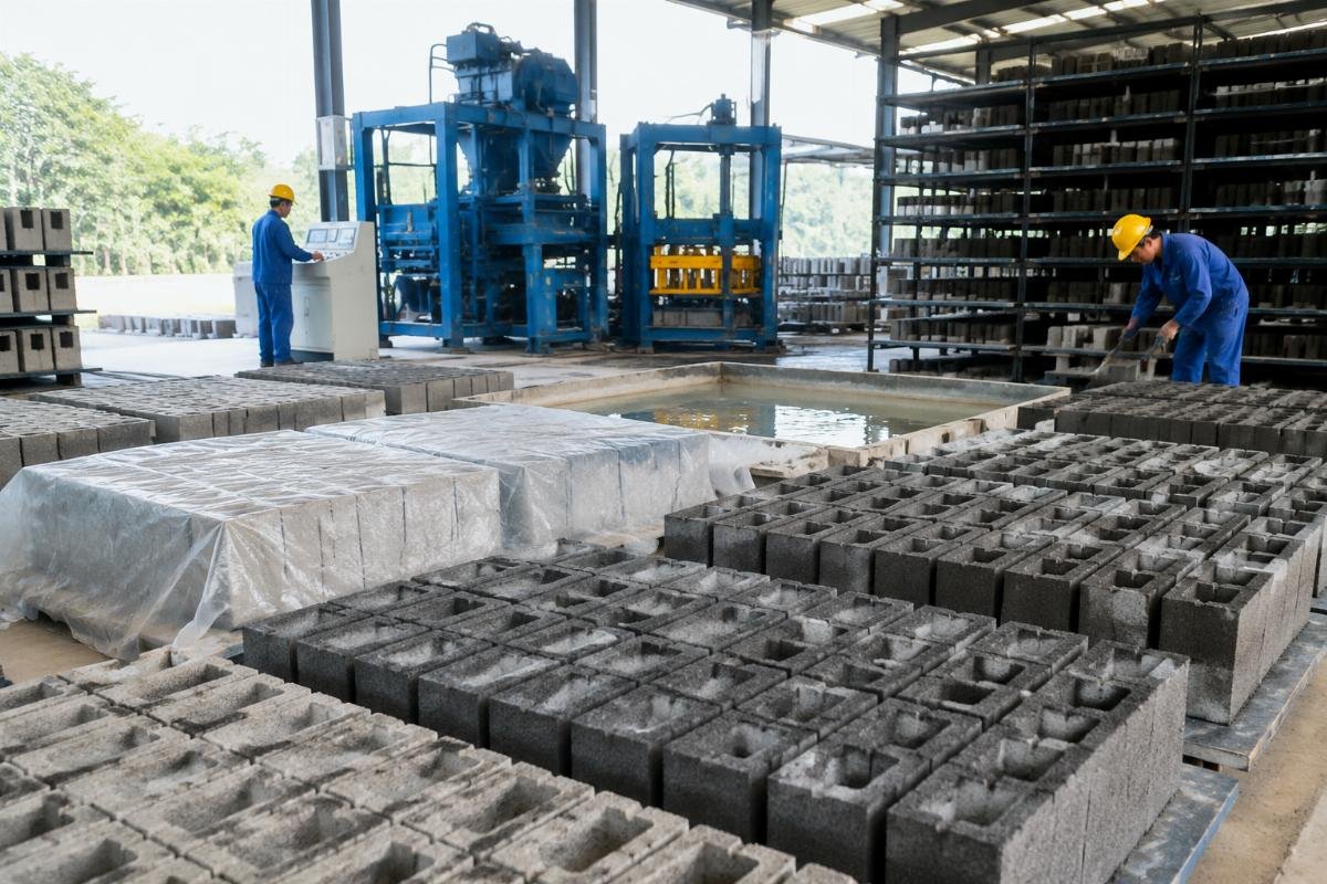 concrete block curing methods comparison Concrete blocks arranged in rows undergoing different curing processes