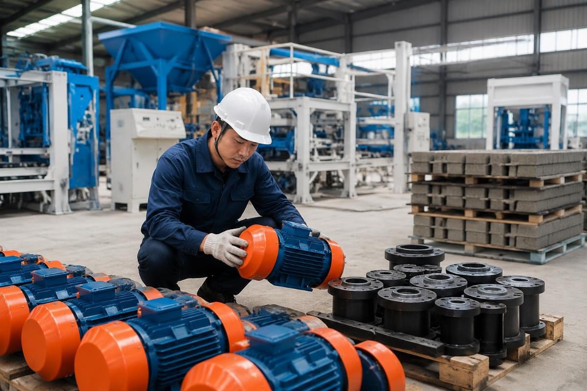 Engineer inspecting vibration motor and spare parts inventory