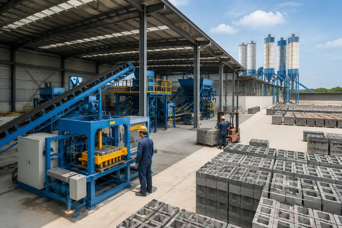 concrete block plant space calculation including auxiliary zones Turnkey block factory layout with dual lines, cement silo farm, and expanded curing yard