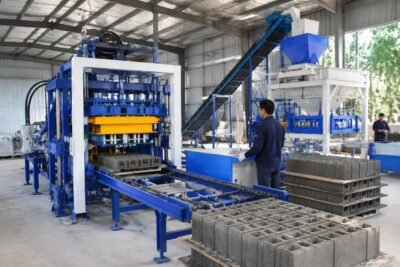 Concrete block production line with automatic batching and vibration system