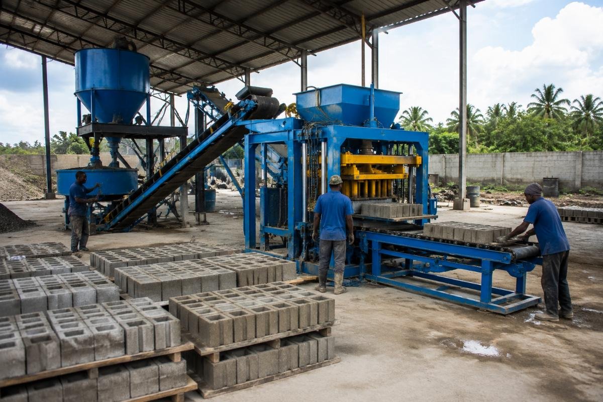 concrete block production cost breakdown components Concrete block production line with mixer, conveyor, and block machine in a Nigerian factory yard