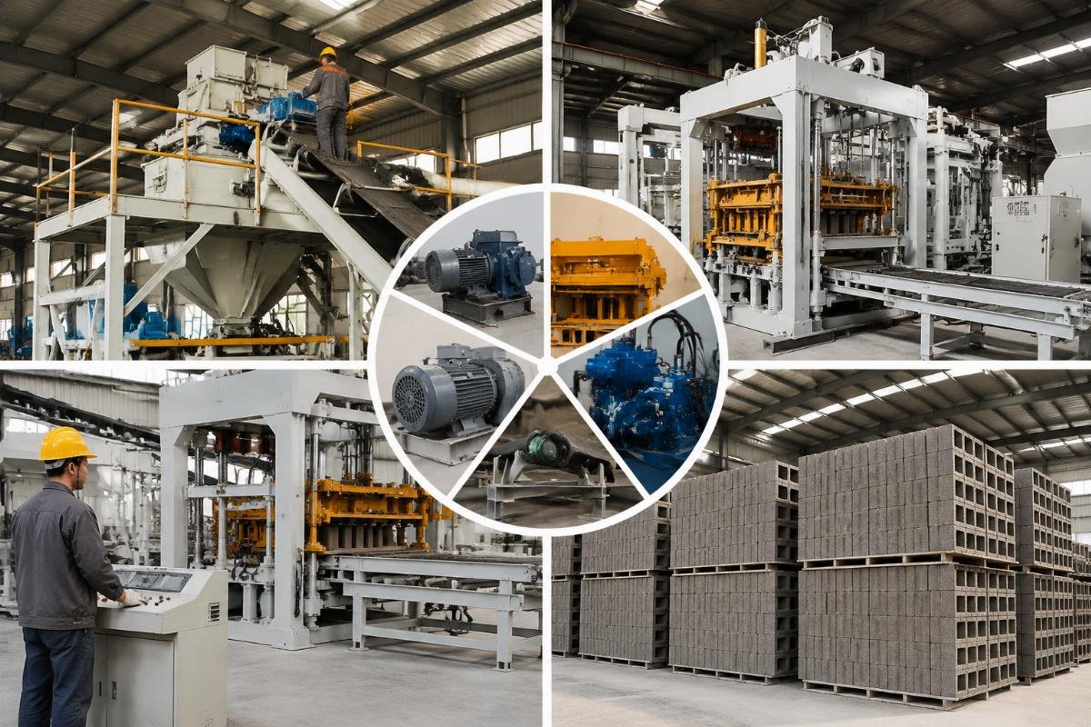 concrete block production energy consumption breakdown by line component Energy distribution pie chart showing block machine batching plant mixer and conveyor power consumption breakdown