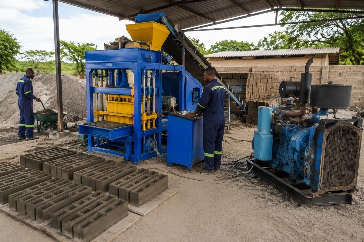 energy efficient block machine from China running on diesel generator Semi-automatic block machine operating on diesel generator at a small-scale production site in East Africa