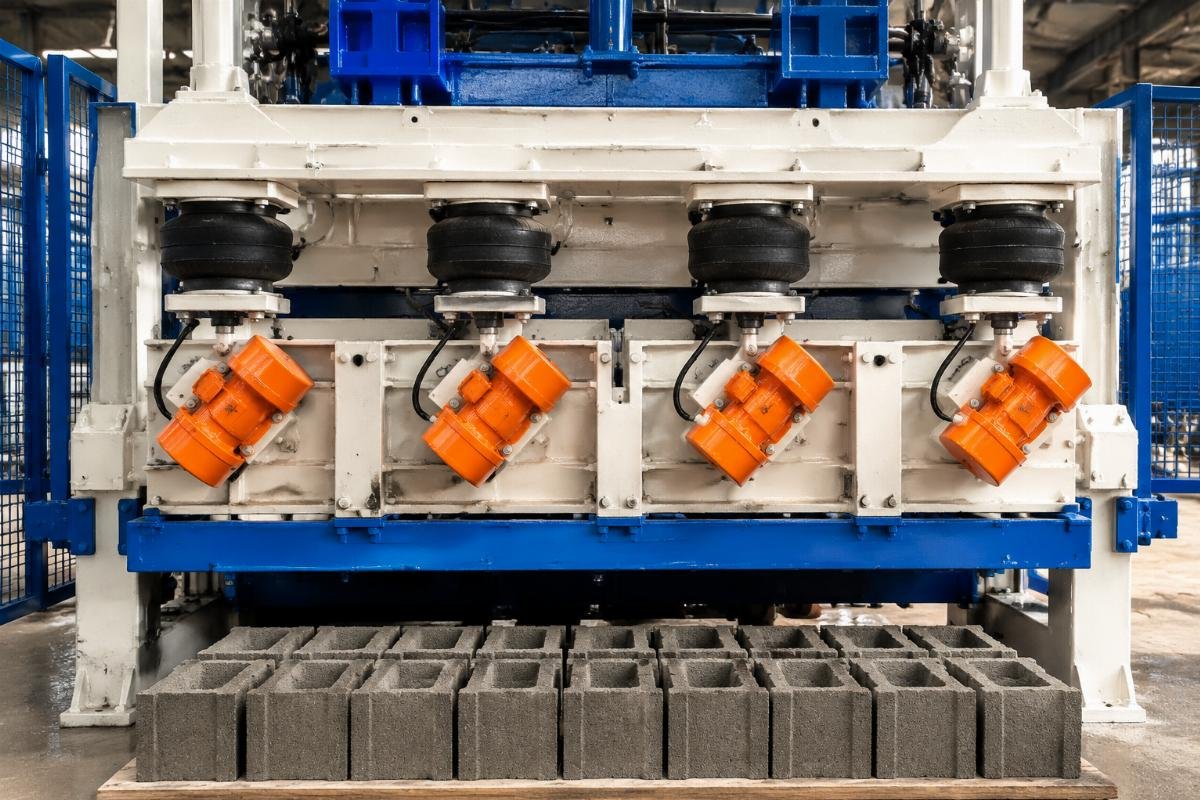 Close-up of four vibration motors and airbag suspension system on block making machine