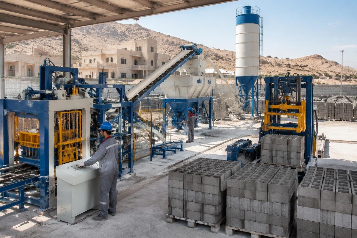 full-line energy optimization concrete block production system Integrated concrete block production line with batching plant mixer conveyor and stacker at a Middle East housing project site