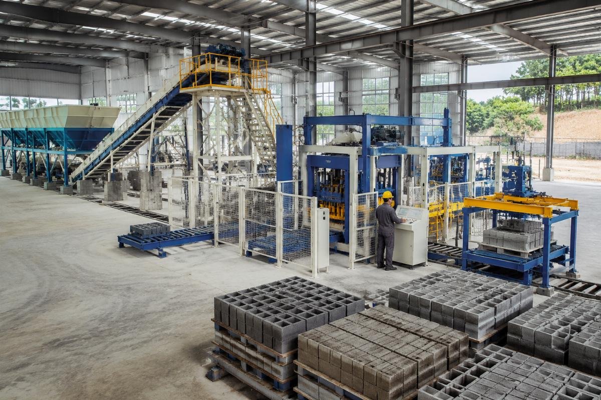 Fully automatic block production line layout showing batching, mixing, forming, curing and stacking modules