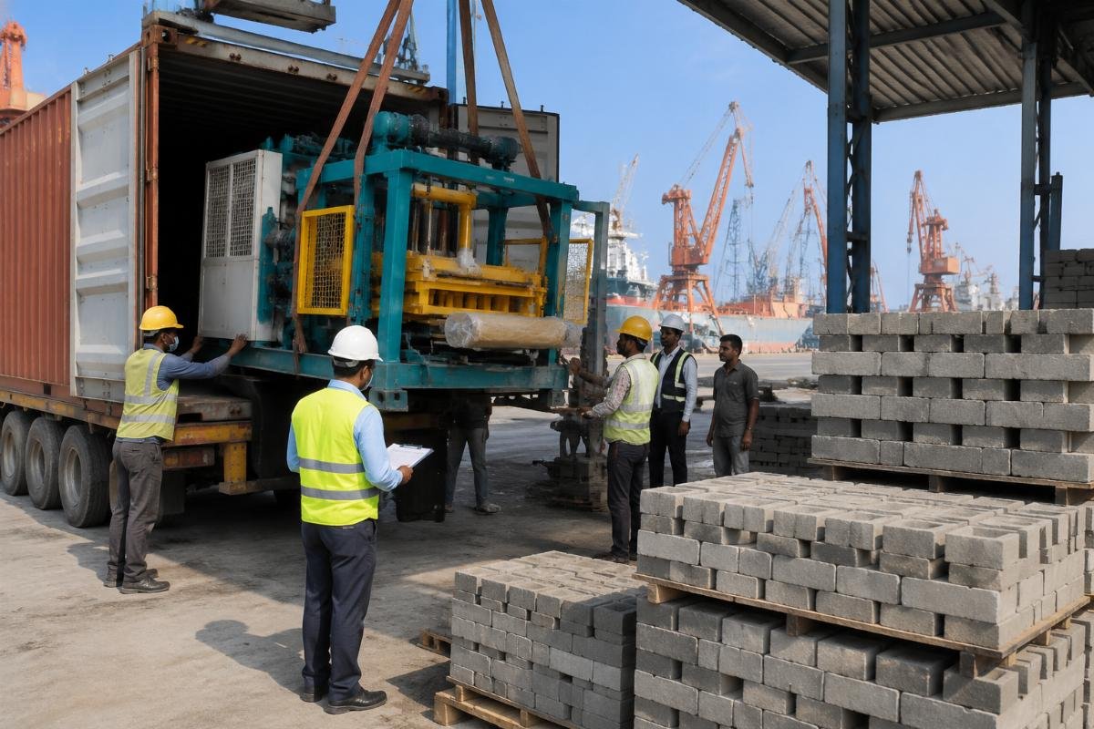 hidden costs concrete block machine import shipping customs Container unloading concrete block machine at a South Asian port with customs documentation