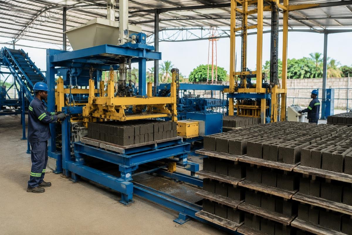 labor cost reduction automatic concrete block making machine Fully automatic block production line with pallet loader and stacker in a Tanzanian factory