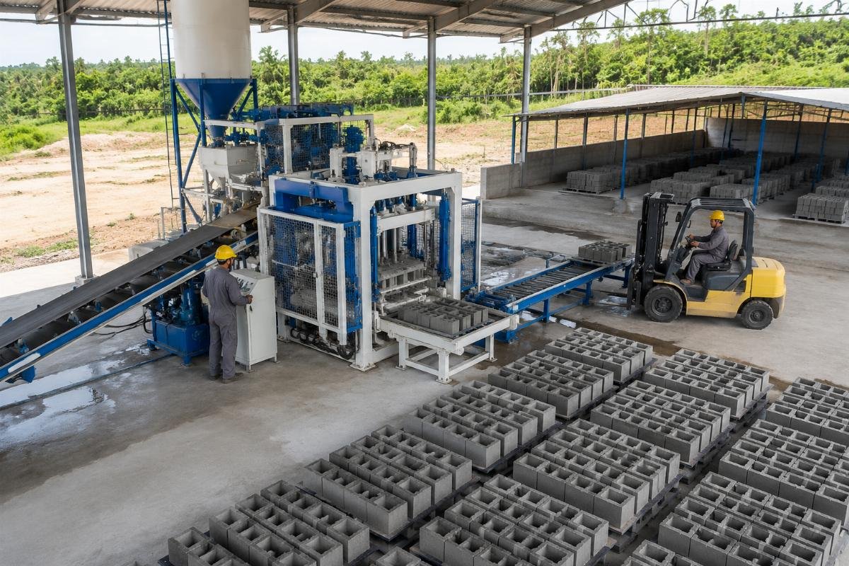 medium scale block plant layout and equipment configuration Medium-scale block plant layout showing mixer, batching system, block machine, curing area, and pallet circulation