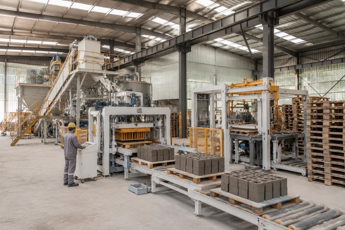 multi-product block machine turnkey production line complete layout Complete turnkey multi-product block production line with mixer, batching plant, pallet system, and stacker